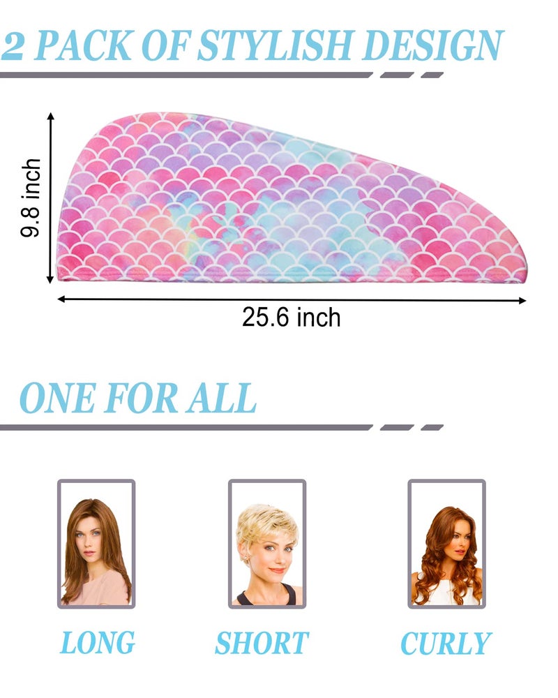 ELLEWIN Microfiber Hair Towel Wrap for Kids Girls 2 Pack Hair Turban Drying for Women Set Absorbent Quick Dry Twisty Anti Frizz Towel for Curly Long Thick Hair (Mermaid) - Image 3